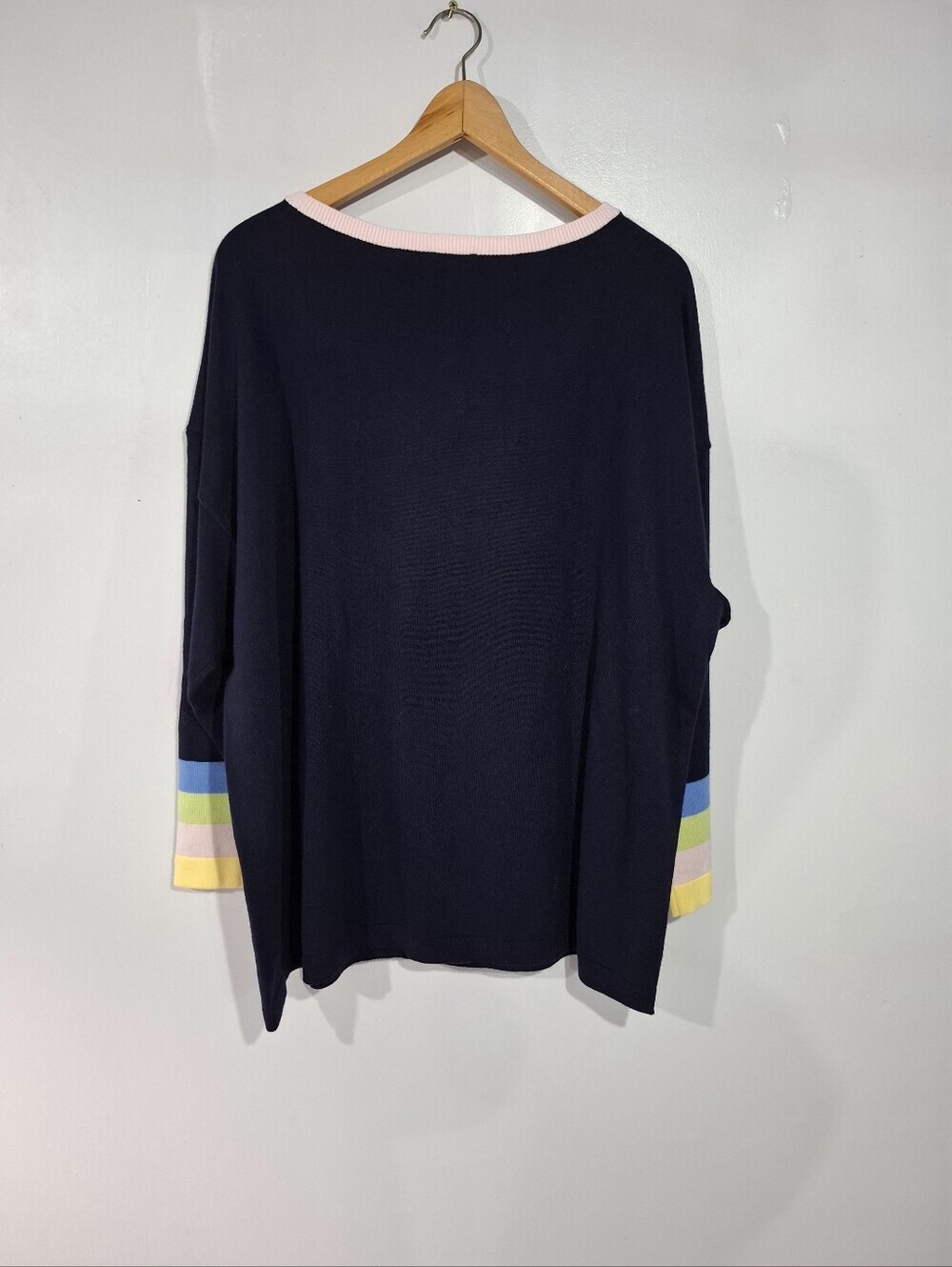 TALBOTS Womens Plus 3X Sweater Knit Navy Blue Striped Side Buttons Pink Trim - Picture 10 of 11
